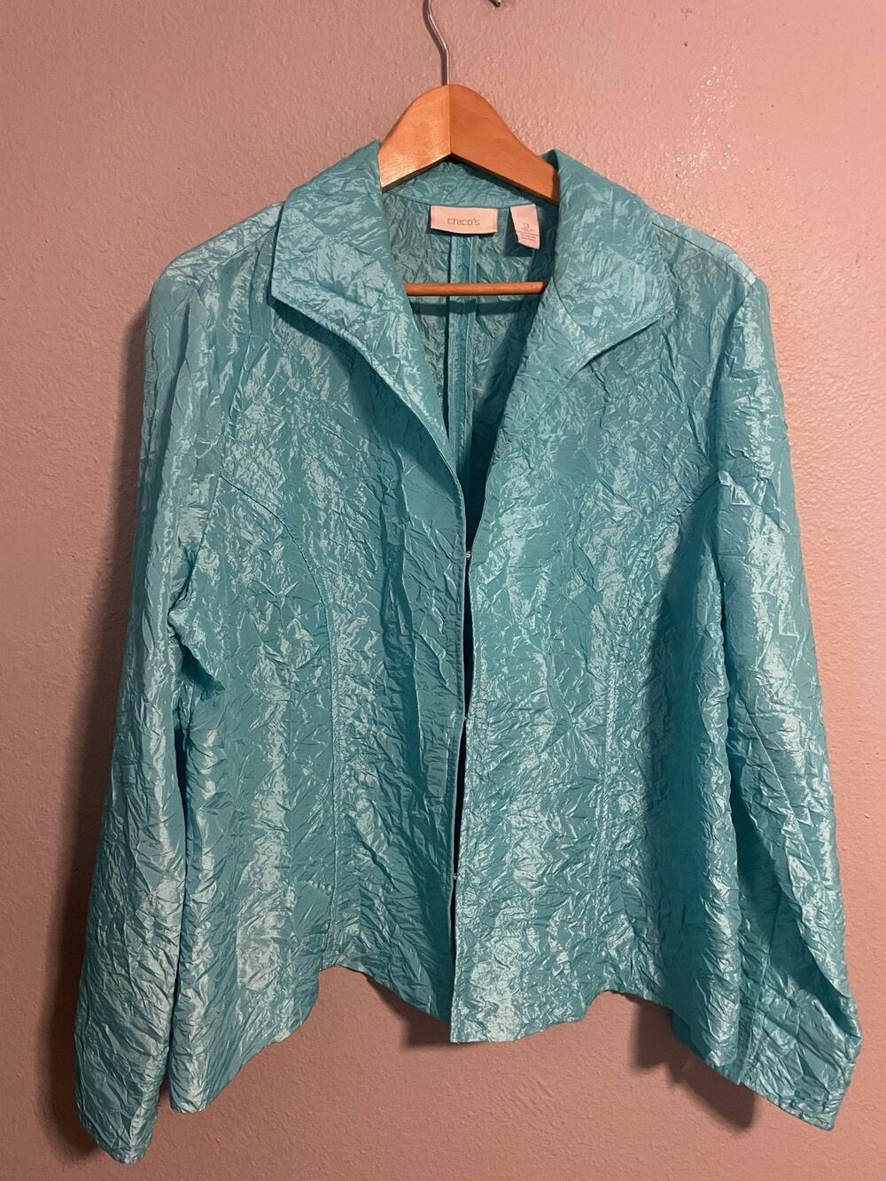 Chicos Womens Jacket Size 3 US XL Blue Crinkle Taffeta Open Front Shiny Modern
